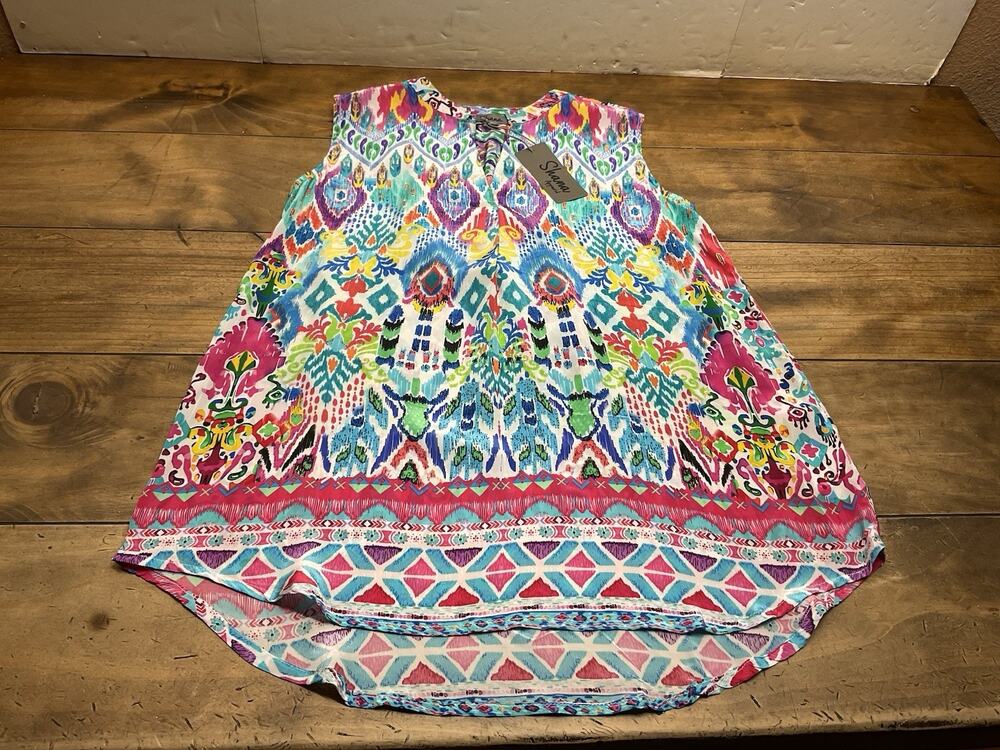 Shana Mixed Media Sleeveless Blouse Viscose Silk Teal Blue Pink Small NWT